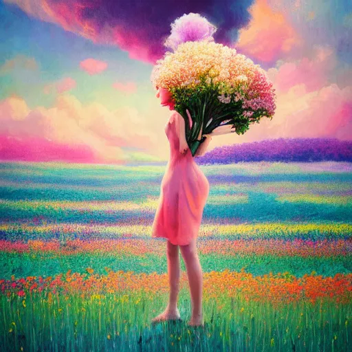 Image similar to girl with an exploding blooming flower for a head, surreal photography, dream, standing in flower field, magical, in a valley, sunrise dramatic light, impressionist painting, colorful clouds, artstation, simon stalenhag, blooming flower face