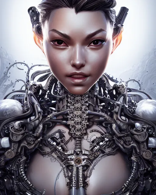 Image similar to portrait of stunning female biomechanical super soldier absurdly beautiful, gorgeous, elegant, an ultrafine hyperdetailed illustration by kim jung gi, irakli nadar, artgerm, intricate linework, octopath traveler, final fantasy, unreal engine 5 highly rendered, global illumination, radiant light