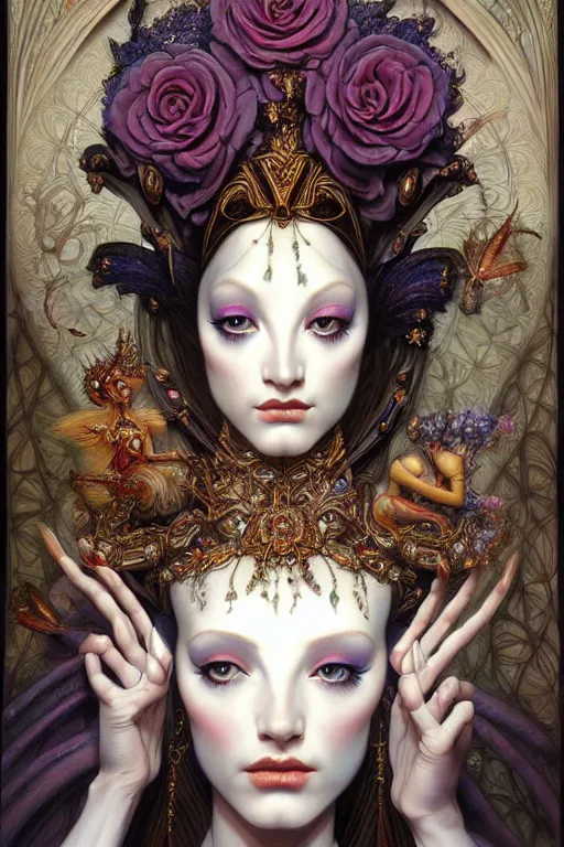 Image similar to symmetrical painting, a beautiful female god in dress, pretty, perfect face, elegant, ornate, luxury, elite, matte painting, by artgrem, by james jean, by brian froud, by wayne barlowe