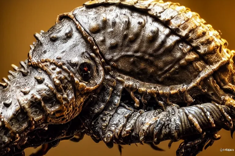 Image similar to photo taken of an epic intricate, ultra detailed, super realistic sculpture of a wet, slimy, nightmarish hellish demonic trilobite creature on display in a workshop, created by weta workshop, zoomed in shots, photorealistic, sharp focus, f 0. 4, face centred, macro photography, golden ratio, kodachrome