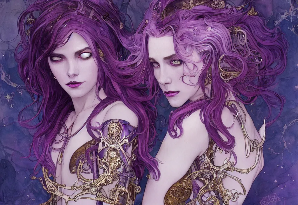 Image similar to vampire with purple hair in sci - fi bionic armor, highly detailed, very intricate, art nouveau, gold filigree, romantic storybook fantasy, soft cinematic lighting, award - winning, disney concept art watercolor illustration by mandy jurgens and alphonse mucha and alena aenami, pastel color palette, featured on artstation