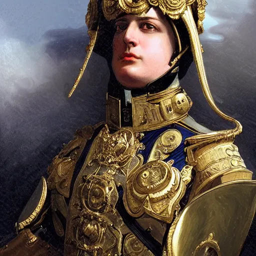 Image similar to portrait of divine emperor napoleon bonaparte, handsome, tall, dieselpunk steampunk napoleonic french baroque, metal shoulder pauldrons, intricate, highly detailed, digital painting, artstation, concept art, sharp focus, cinematic lighting, illustration, art by artgerm and greg rutkowski, alphonse mucha, cgsociety