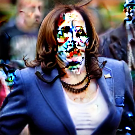 Image similar to kamala harris dressed up in hardcore gangbanger cosplay with face tattoos