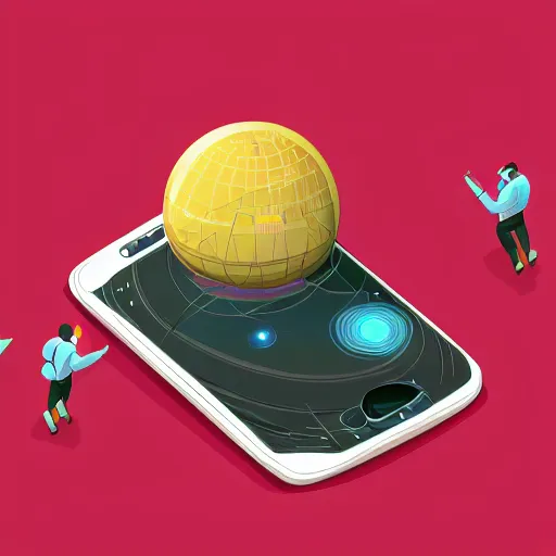 Prompt: illustration of a cell phone with a planet inside the screen going out of it, in 4 d, detailed and intricate forty five degree isometric, cross by studio muti