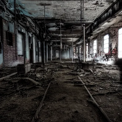 Image similar to grainy photo of three dark human figures with glowing eyes in a dark abandoned rusty factory at night taken with a camera flash