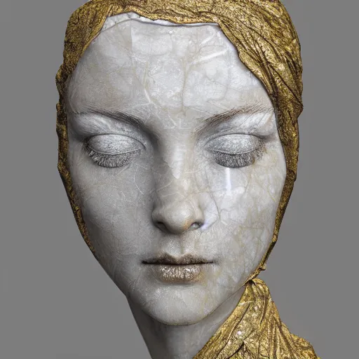 Prompt: a masterpiece marble sculpture of the veiled virgin, subsurface cracks, !dramatic !face, !female, covered in intricate !detailed golden !!streaked veil , physically based rendering, ultra photo realistic, cinematic lighting , dark background by Dan Hillier