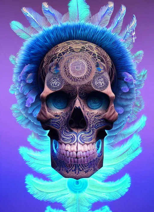 Image similar to 3 d shaman with tattoos profile portrait, sigma 5 0 0 mm f / 5. beautiful intricate highly detailed quetzalcoatl skull and feathers. bioluminescent, gradient background, plasma, frost, water, wind, creature, thunderstorm! artwork by tooth wu and wlop and beeple and greg rutkowski, 8 k trending on artstation,