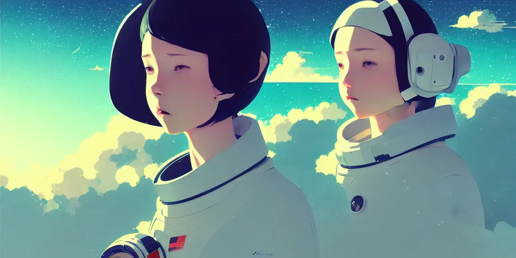 Image similar to portrait of a girl with astronaut helmets by ilya kuvshinov, cloudy sky background lush landscape ln illustration concept art anime key visual trending pixiv by victo ngai fanbox by greg rutkowski makoto shinkai takashi takeuchi studio ghibli