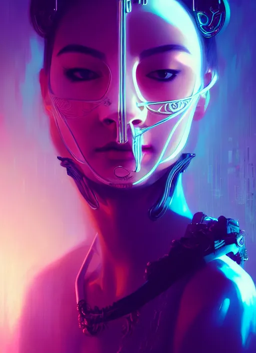 Prompt: centered portrait of a beautiful woman wearing a venetian mask, intricate concept art, ethereal, highly detailed, artstation, smooth, cyberpunk darksynth, cinematic, mist, dramatic lighting, illuminated glowing lines, outrun, neon, vaporware, by ruan jia and ilya kuvshinov and liam wong and alphonse mucha