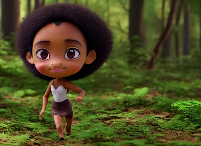 Prompt: black prima ballerina as nendoroid walking in a forest in the croods movie style, anime, disney, pixar, 8 k, hd, dof, kodak film, volumetric lighting, subsurface scattering, photorealistic, octane render, details