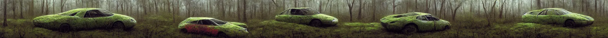 Image similar to hyper realistic painting of an abandoned Supercar covered with moss, an Australian summer landscape, by Zdzislaw Beksinski