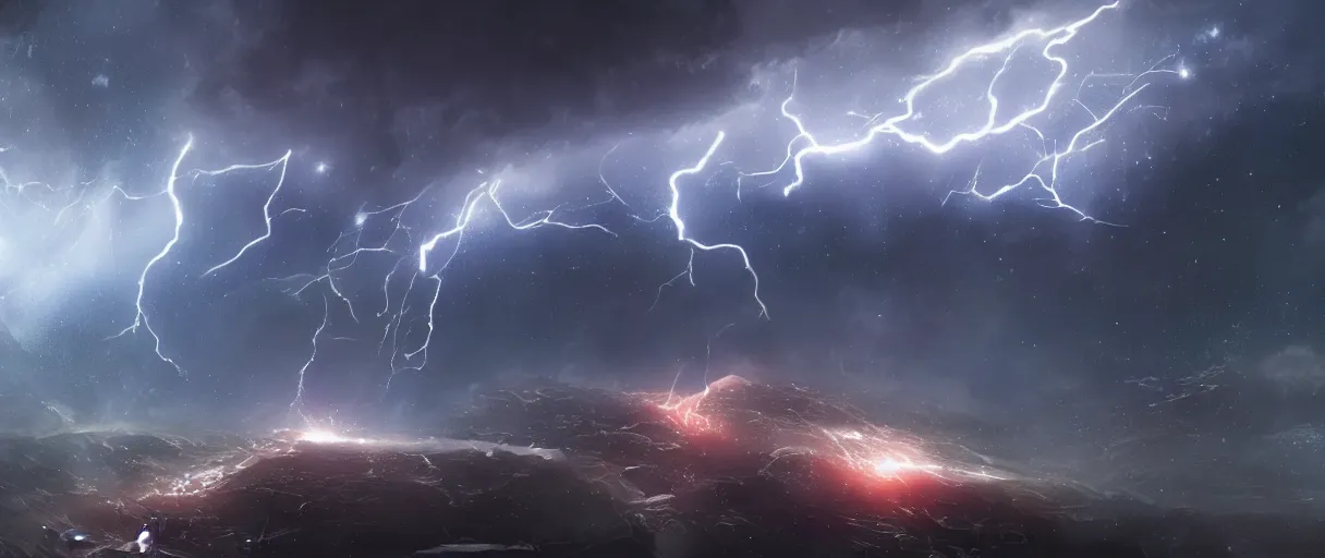 Image similar to lightning in space, stars, nebula, matte painting, futuristic, sci fi, digital painting, trending on artstation, high detail, void, interstellar