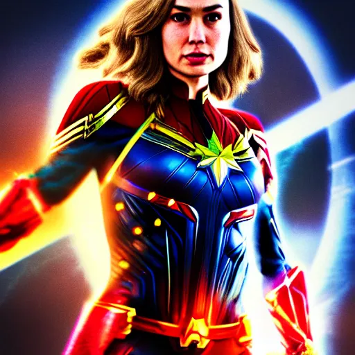 Prompt: a potrait of gal gadot as Captain Marvel by Zack Snyder, Christopher Nolan, 8k photorealistic, cinematic lighting, HD, high details, dramatic, trending on artstation, view from below, dark atmosphere,