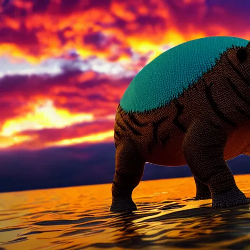 Prompt: a closeup photorealistic photograph of a cute smiling knitted tiger hippopotamus chasing a beachball during sunset. teeth exposed, surf in the background. professional capture. this 4 k hd image is trending on artstation, featured on behance, well - rendered, extra crisp, features intricate detail, epic composition and the style of unreal engine.