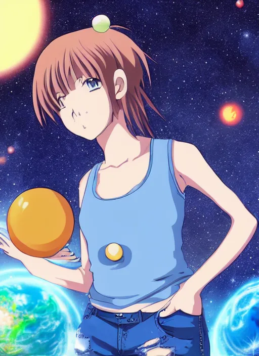 Prompt: an anime in outer space holding a small blue earth in her hand, wearing jean shorts and tank top, no other planets, digital art, anime