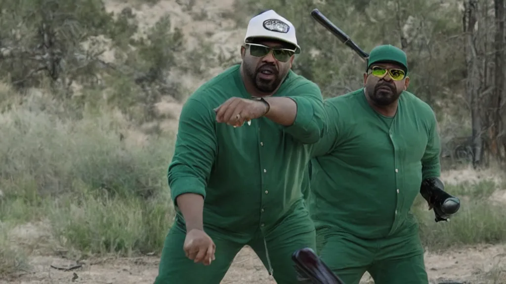 Image similar to Still of Big Smoke with green clothing wielding a baseball bat in Better Call Saul