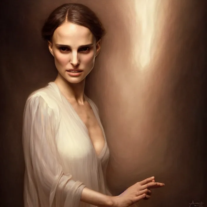 Image similar to translucent ghost Natalie Portman, diffuse lighting, fantasy, intricate, elegant, highly detailed, lifelike, photorealistic, digital painting, artstation, illustration, concept art, smooth, sharp focus, art by John Collier and Albert Aublet and Krenz Cushart and Artem Demura and Alphonse Mucha