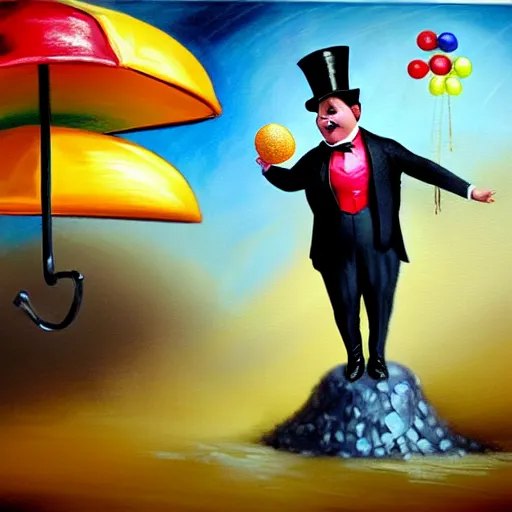 Image similar to 3 d concept art, realistic, of a excessively rotund man juggling twinkies, cycling upon a tight rope in the rain, at night, in a top hat and suit, holding a rainbow umbrella, oil painting, knife palette, with a jolly expression, misty, cobblestone background, victorian, masters painting