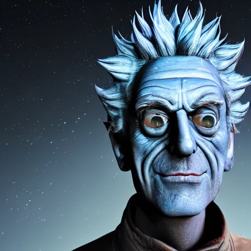 Prompt: real life rick sanchez. close up of face. photo realism. dramatic lighting. alien planet background. 4 k