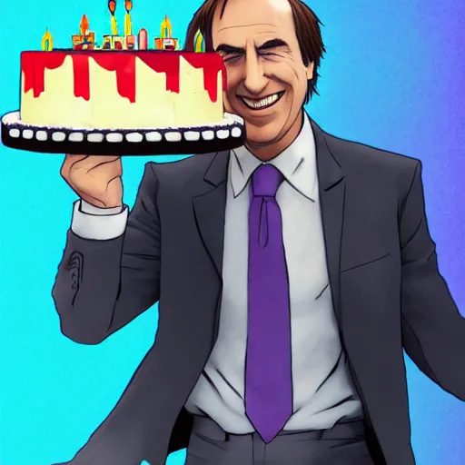 Prompt: saul goodman, smiling, holding a birthday cake, anime art, trending on artstation