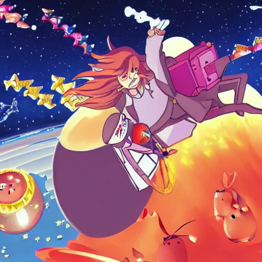 Prompt: Howl's Moving Candy Castle In Space With Flying Pigs, trending on pixiv