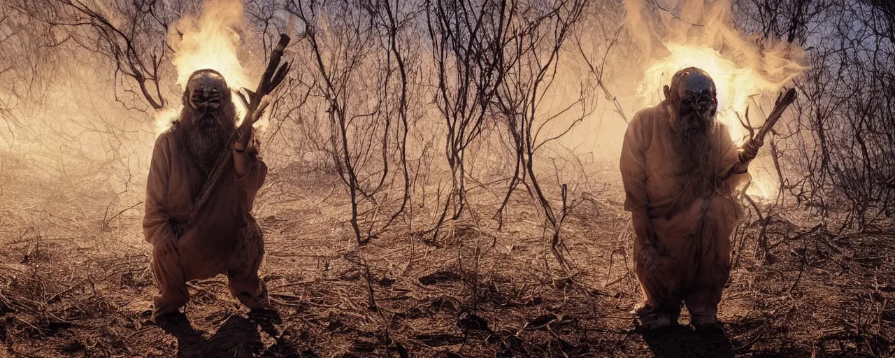 Prompt: full body shot of old asian man with long beard, his head covered in roots, full face occult silver mask, glowing eyes, holding a huge carved wooden dark fractal stick, thick smoke around him, in the burning soil desert, cinematic shot, wide angle, dark desert background, volumetric lighting by Denis Villeneuve, Lubezki, Gaspar Noe, Christopher Doyle and Alejandro Jodorowsky, anamorphic lens, anamorphic lens flares, kodakchrome, cinematic composition, practical effects, award winning photo, 8k