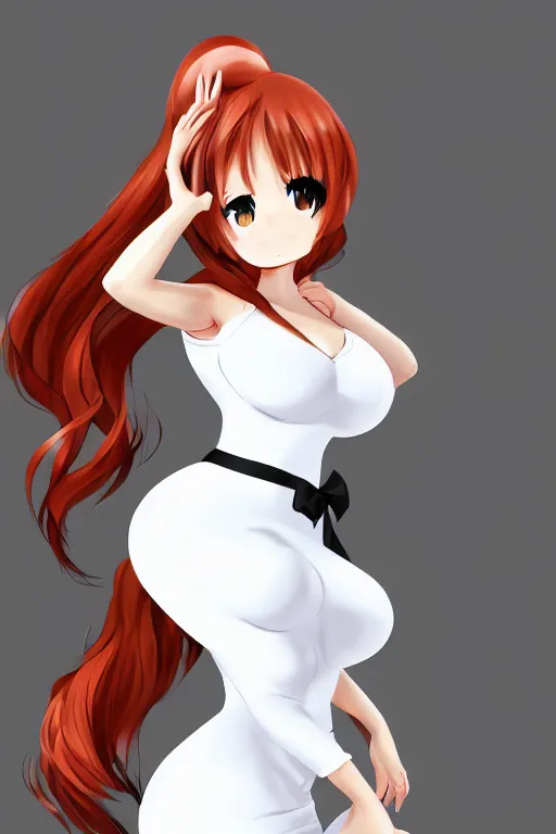 Image similar to anime drawing of a curvy chubby redhead in a white dress, unreal engine, artstation