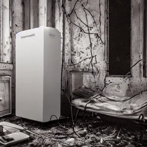 Image similar to photorealistic cinematic of a honeywell air purifier in chernobyl