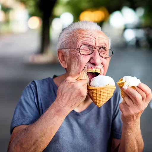 Prompt: portrait of an elderly man screaming at an icecream, canon eos r 3, f / 1. 4, iso 2 0 0, 1 / 1 6 0 s, 8 k, raw, unedited, symmetrical balance, wide angle