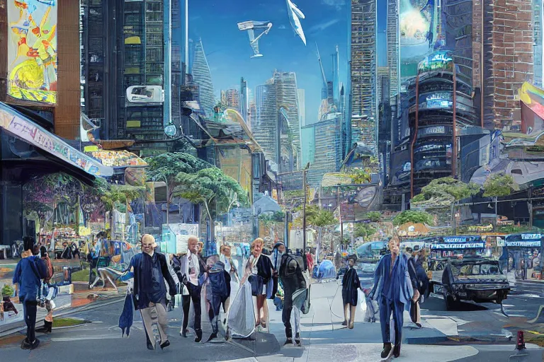 Prompt: the Supreme millionaire walks on the footpath of the bustling Solarpunk Australian city, blue sky, hover cars and futuristic public transport, eco-friendly theme, telephoto lens, low shot camera angle, hyperdetailed artstation, concept art, sci-fi illustration, digital art, by James Gurney, by Stephan Martiniere