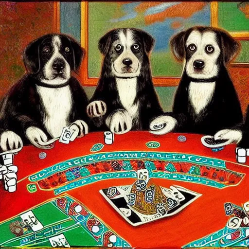 Prompt: dogs playing poker in the style of louis wain