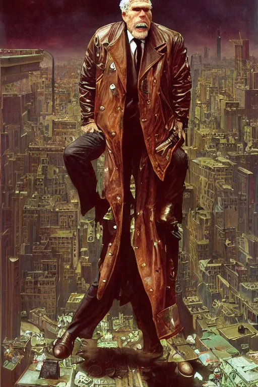 Image similar to full length portrait of ron perlman as a huge tall hulking marvel gangster wearing a leather trench coat standing on street new york, by lawrence alma tadema and zdzislaw beksinski and norman rockwell and jack kirby and tom lovell and greg staples and michael alford