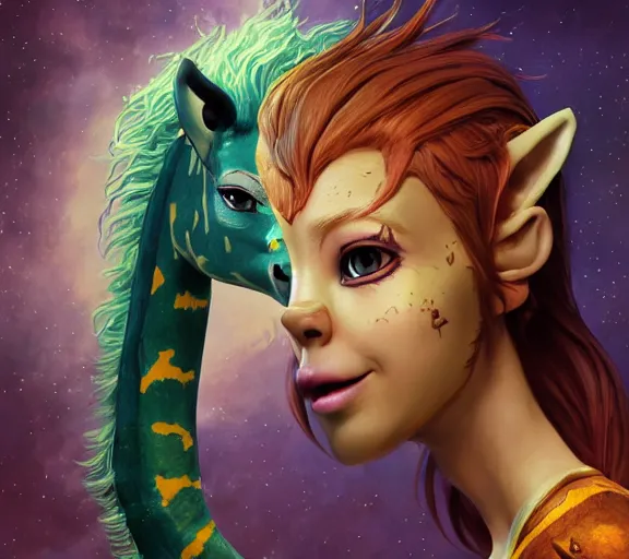 Prompt: an epic fantasy comic book style portrait painting of an extremely cute and adorable very beautiful nebulapunk giraffe halfling na'vi from avatar, character design by mark ryden and pixar and hayao miyazaki, unreal 5, daz, hyperrealistic, octane render, cosplay, rpg portrait, dynamic lighting, intricate detail, summer vibrancy, cinematic