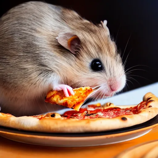 Prompt: detailed photo of a hamster eating pizza, various poses, full body, daylight, 8 k