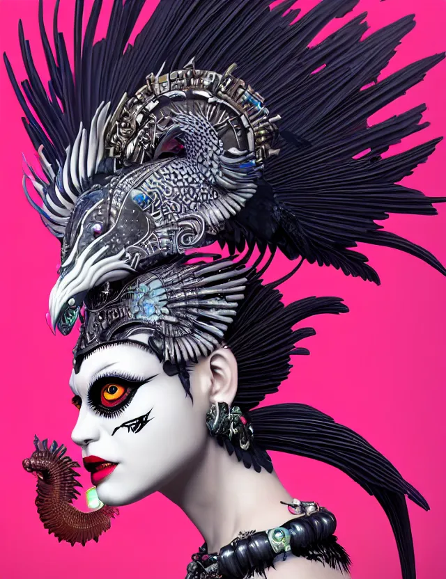 Image similar to 3 d goddess close - up profile portrait punk with mohawk with ram skull. beautiful intricately detailed japanese crow kitsune mask and clasical japanese kimono. betta fish, jellyfish phoenix, bio luminescent, plasma, ice, water, wind, creature, artwork by tooth wu and wlop and beeple and greg rutkowski