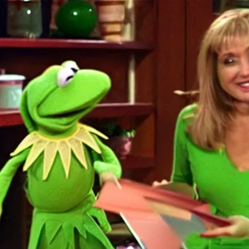 Image similar to kermit the frog selling. Still from late night infomercial