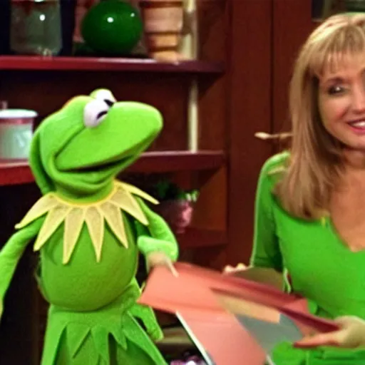 Prompt: kermit the frog selling. Still from late night infomercial