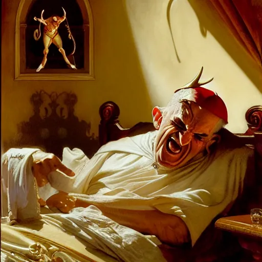 Image similar to the pope wakes up is his bed, sweating, nervous, terrified, because a double horned shadow demon lurks in the wall of the papal bedroom. highly detailed painting by gaston bussiere, j. c. leyendecker, greg rutkowski, craig mullins 8 k