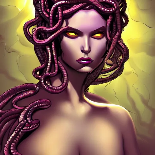 Image similar to medusa painting, comic style, seductive, dynamic lighting, artstation, detailed, blurred background