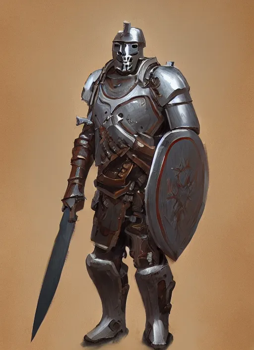 Image similar to portrait of a warforged character holding a paladin engraved longsword and carrying a big shield, epic rough concept art, by Greg Rutkowski