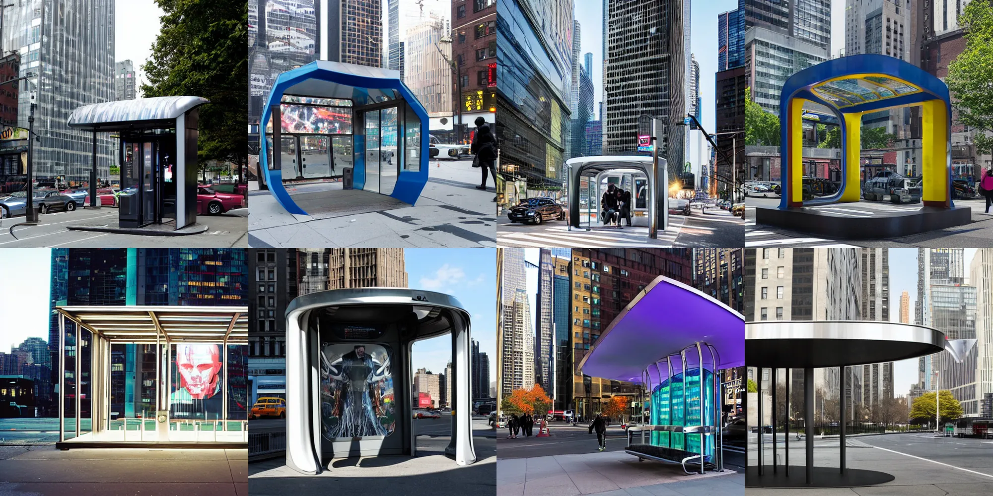 Prompt: cyberpunk bus stop by norman foster in new york