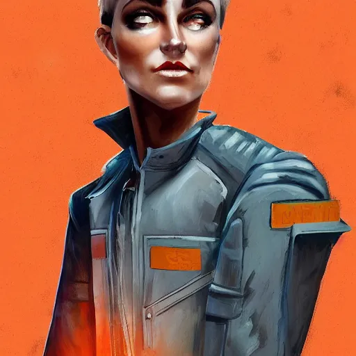 Image similar to character concept art of heroic stoic emotionless butch blond handsome woman engineer with very short slicked - back butch hair, narrow eyes, wearing atompunk jumpsuit, orange safety vest, retrofuture, highly detailed, science fiction, illustration, oil painting, pulp sci fi