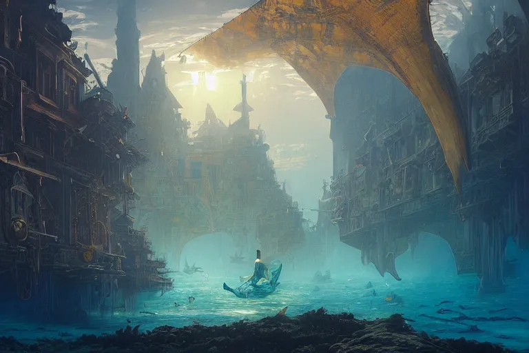 Image similar to a beautiful painting of the lost and abandoned city of Atlantic under water, ray of sunlight, mermaids in distance, Greg Rutkowski, Moebius, Mohrbacher, Mucha, blue and gold color scheme, ultra wide angle, ultra detailed