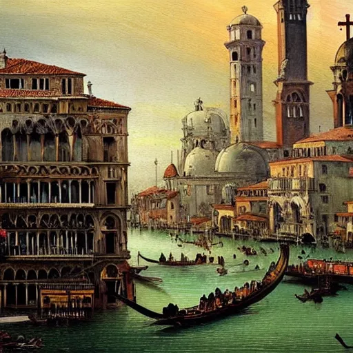 Image similar to beautiful painting of dieselpunk venice with decaying religious monuments alongside mechanical venetian automas in the style of Caspar David Friedrich