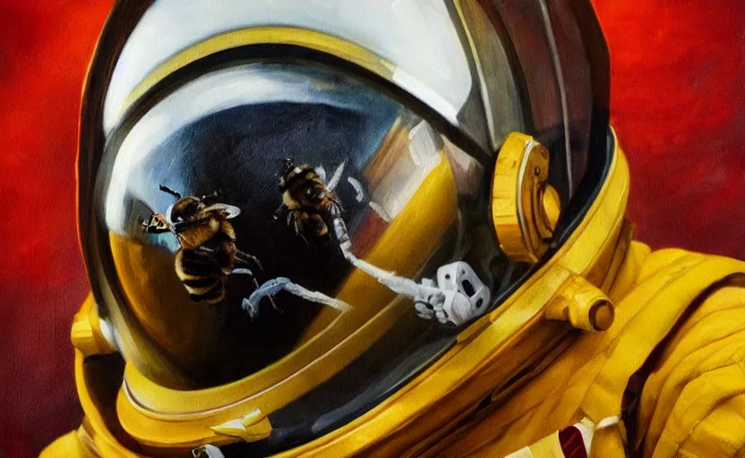 Prompt: oil painting of a bee in a astronaut suit with helmet, 35mm, photo, Epic, cinematic, highly detailed and intricate