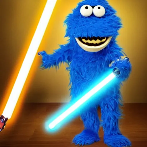 Prompt: angry cookie monster holding a lightsaber in his hand, epic anime style.