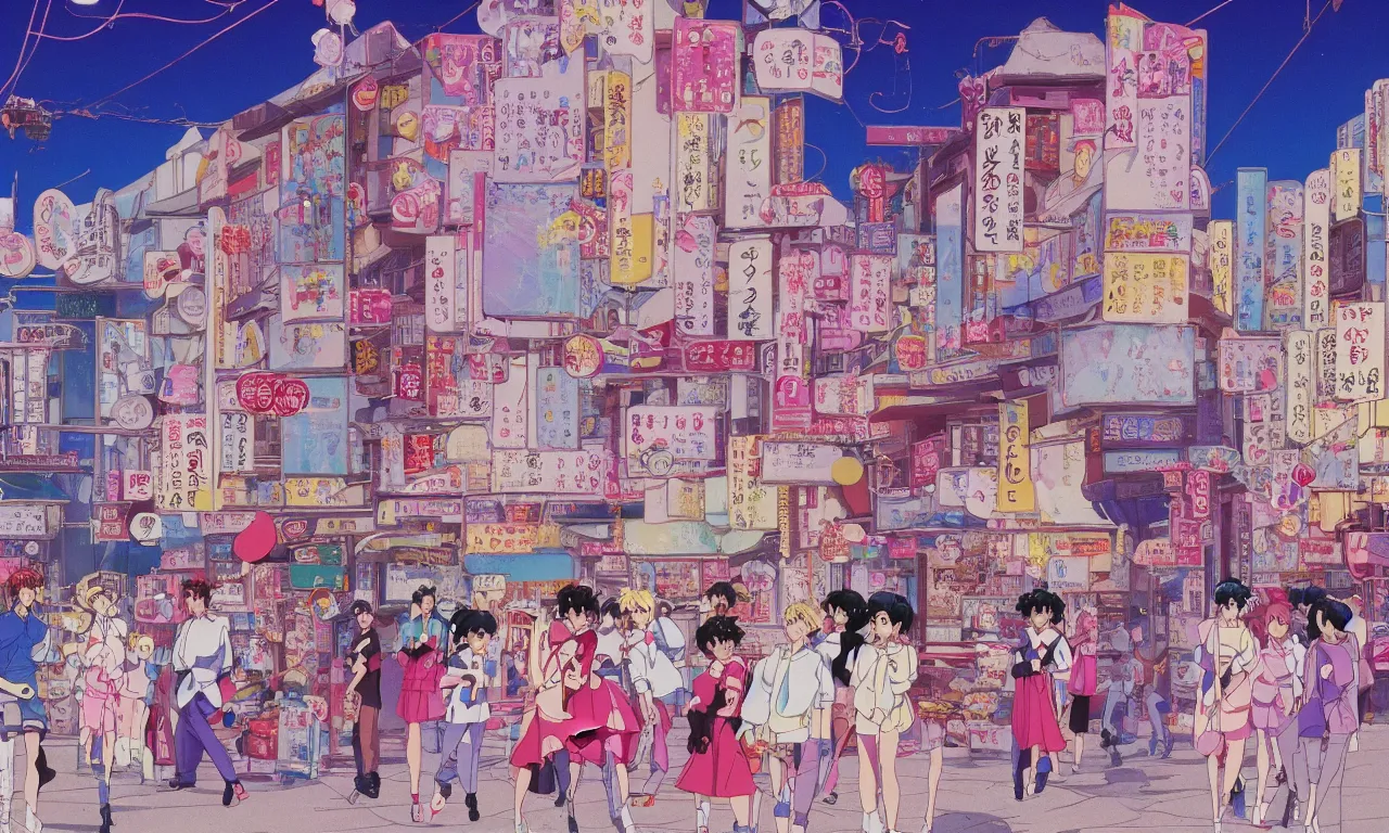 Image similar to A film still from a 1990s Sailor Moon cartoon of a dreamy cute stree in Japan, by Studio Ghibili