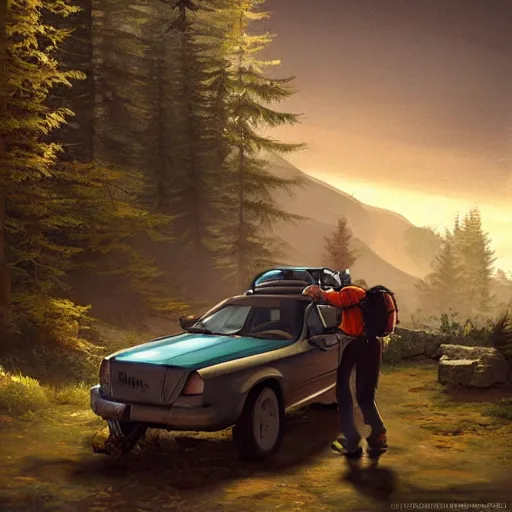 Image similar to hiker unloading the car before camping, by etienne hebinger, cgsociety, fantasy art, 2 d game art