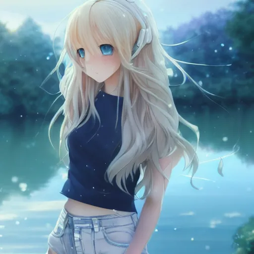 Prompt: a very beautiful anime girl, full body, long wavy blond hair, sky blue eyes, full round face, short smile, cute top, short jeans, winter lake setting, cinematic lightning, medium shot, mid-shot, highly detailed, trending on Artstation, Unreal Engine 4k, cinematic wallpaper by Stanley Artgerm Lau, WLOP, Rossdraws, James Jean, Andrei Riabovitchev, Marc Simonetti, and Sakimichan