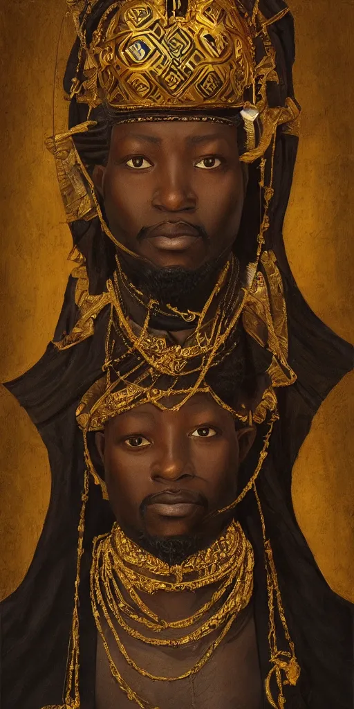 Image similar to a stunning and noble highly detailed romantic period style portrait of Mansa Musa by Josep Tapiró Baró, trending on artstation, oil painting masterpiece, symmetry, African iconography